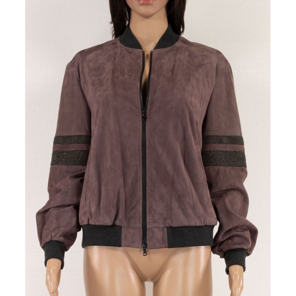 Brunello Cucinelli suede bomber jacket with monili stripes on sleeves - Picture 3 of 12